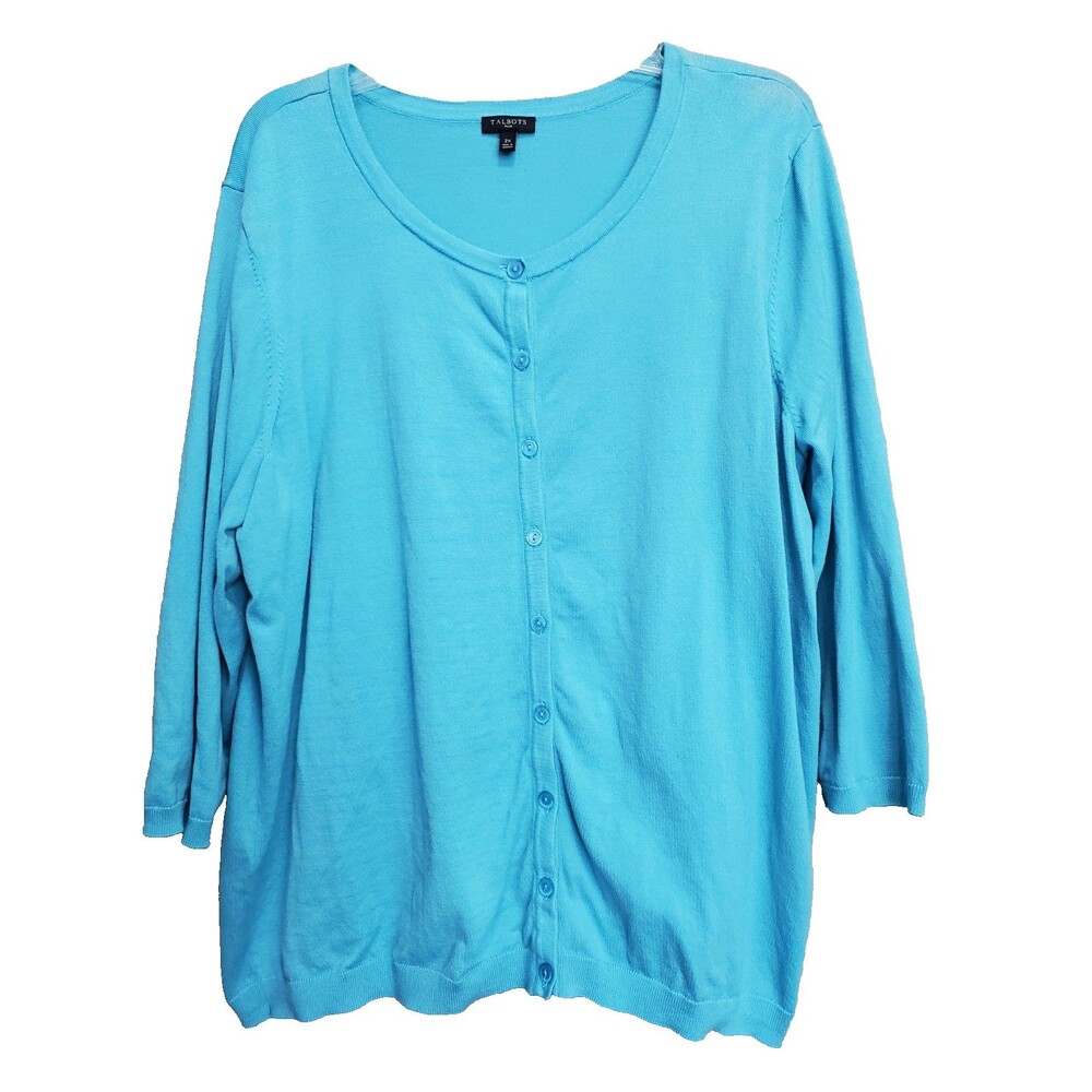Talbots Plus Blue Rayon/Cotton Blend 3/4 Sleeve Button-Up Cardigan Sweater Sz 2X